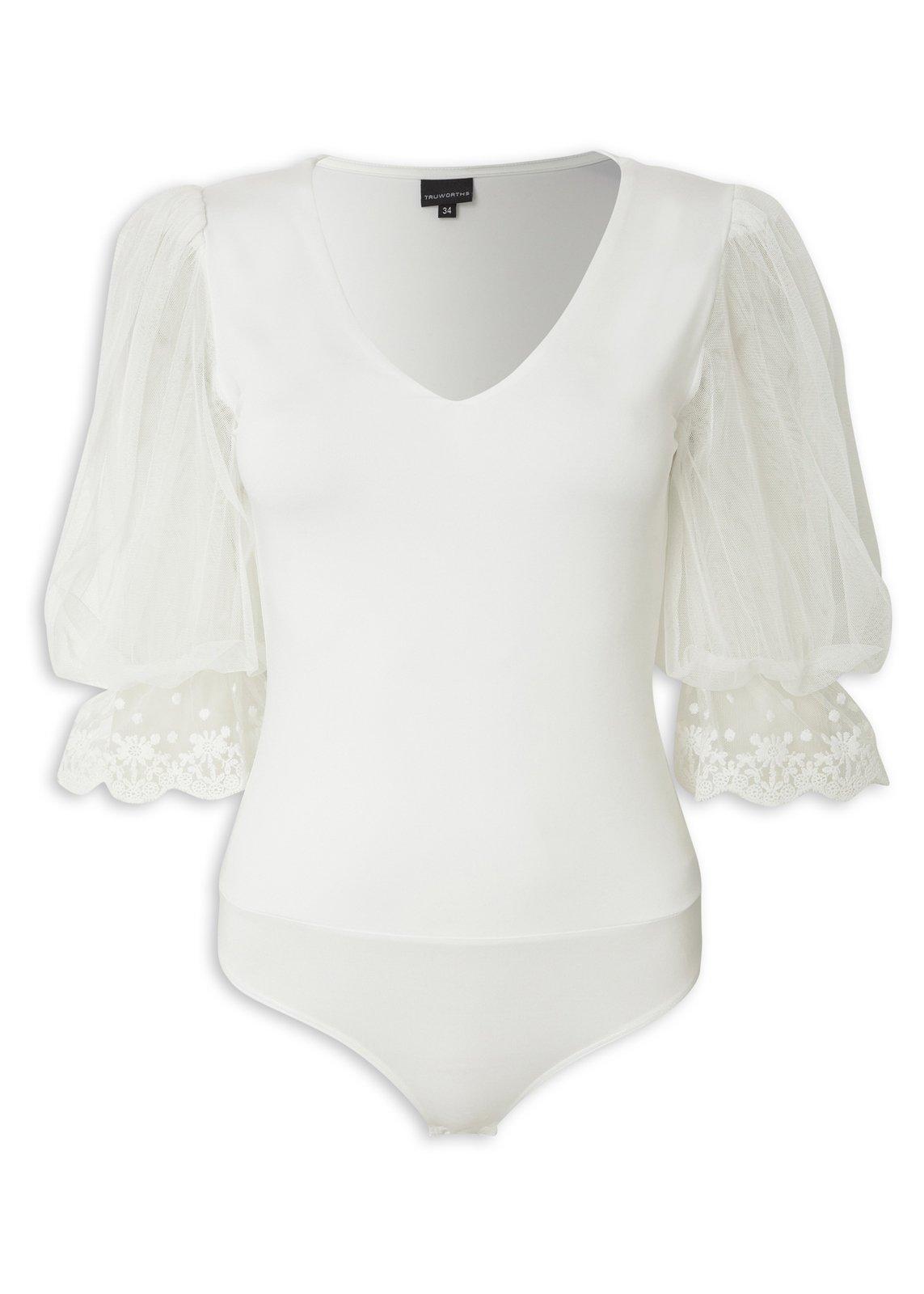 White Lace Trim Sleeve Detail Bodysuit (3224499) | Truworths