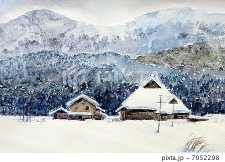 茅葺き民家の冬景色の水彩画のイラスト素材 [7052298] - PIXTA
