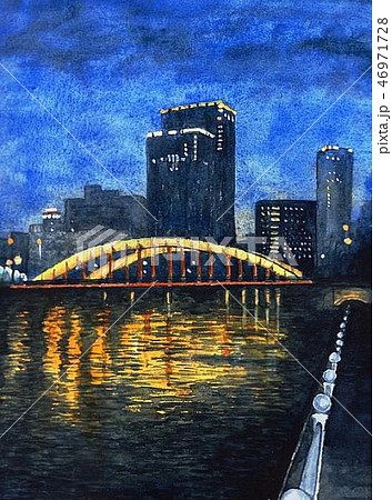 水彩画 大阪中之島 夜景のイラスト素材 [46971728] - PIXTA