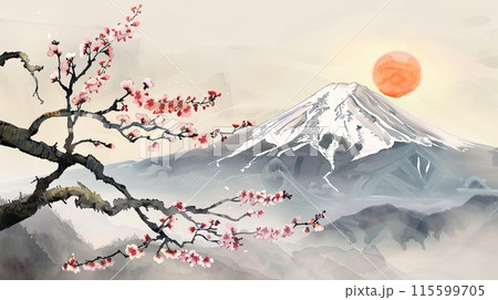 桜と日の出の富士山の水墨画アートのイラスト素材 [115599705] - PIXTA