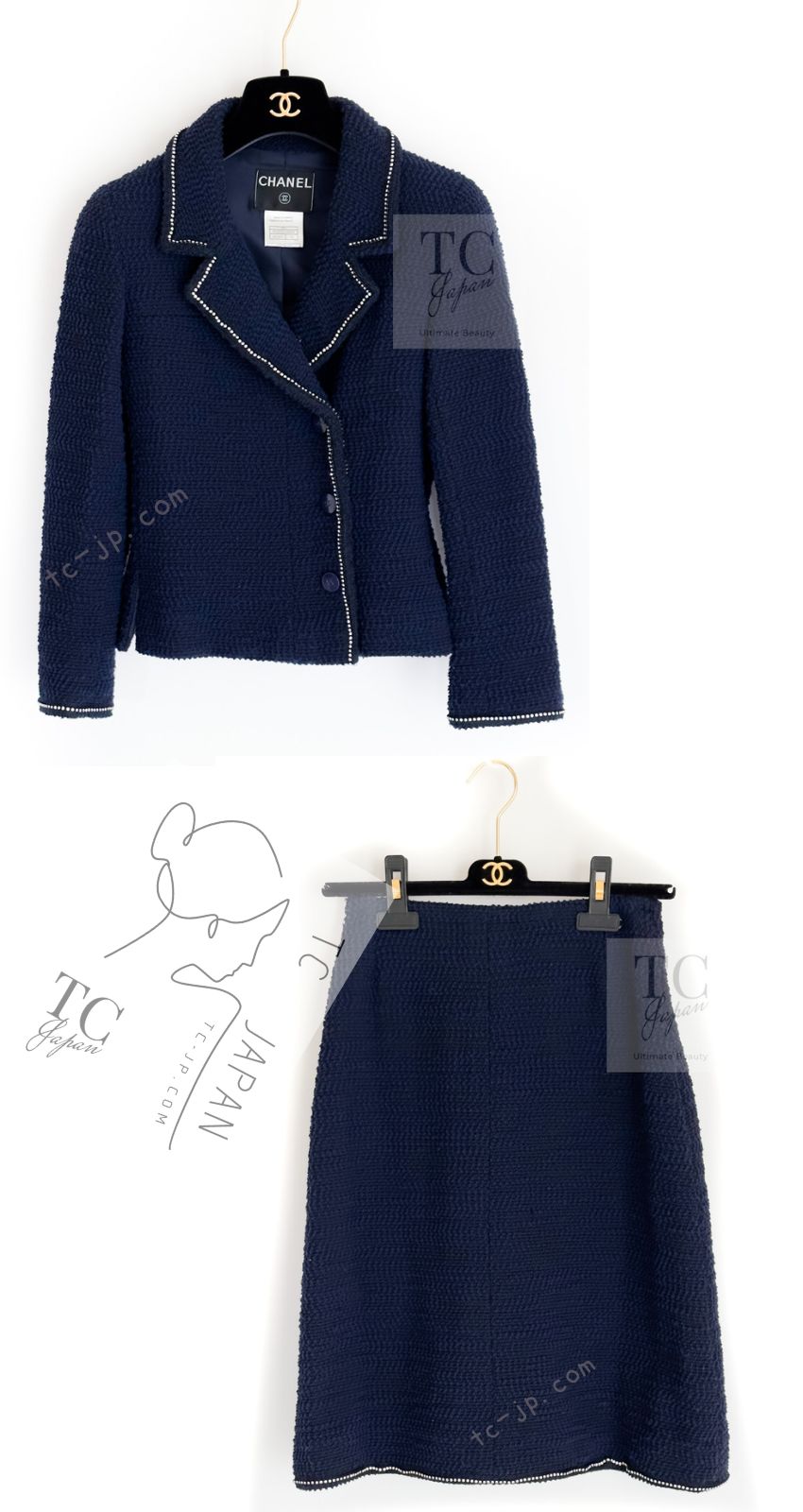 シャネル ジャケット スーツ CHANEL ネイビー ラインストーン トリム