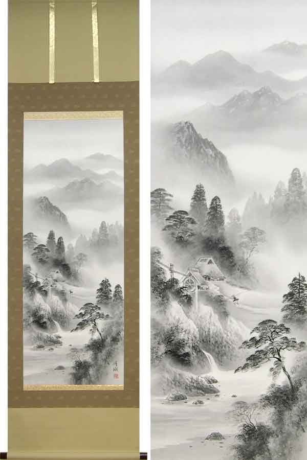 楽天市場】掛け軸 水墨山水 (堀江湖城) 送料無料 【掛軸】【一間床