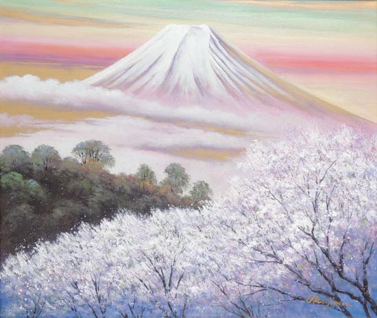 絵画 油絵 金富士と桜 F30号 （岡島哲夫） 送料無料 【肉筆】【油絵