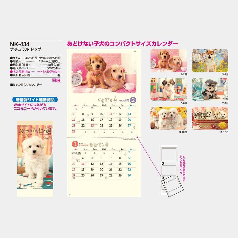 NK-434 ナチュラル ドッグ〔ミシン目入〕2026年版の名入れカレンダーを
