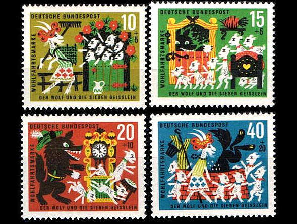 狼と7匹の子ヤギ（ドイツ 1963年）の外国切手4種（未使用）