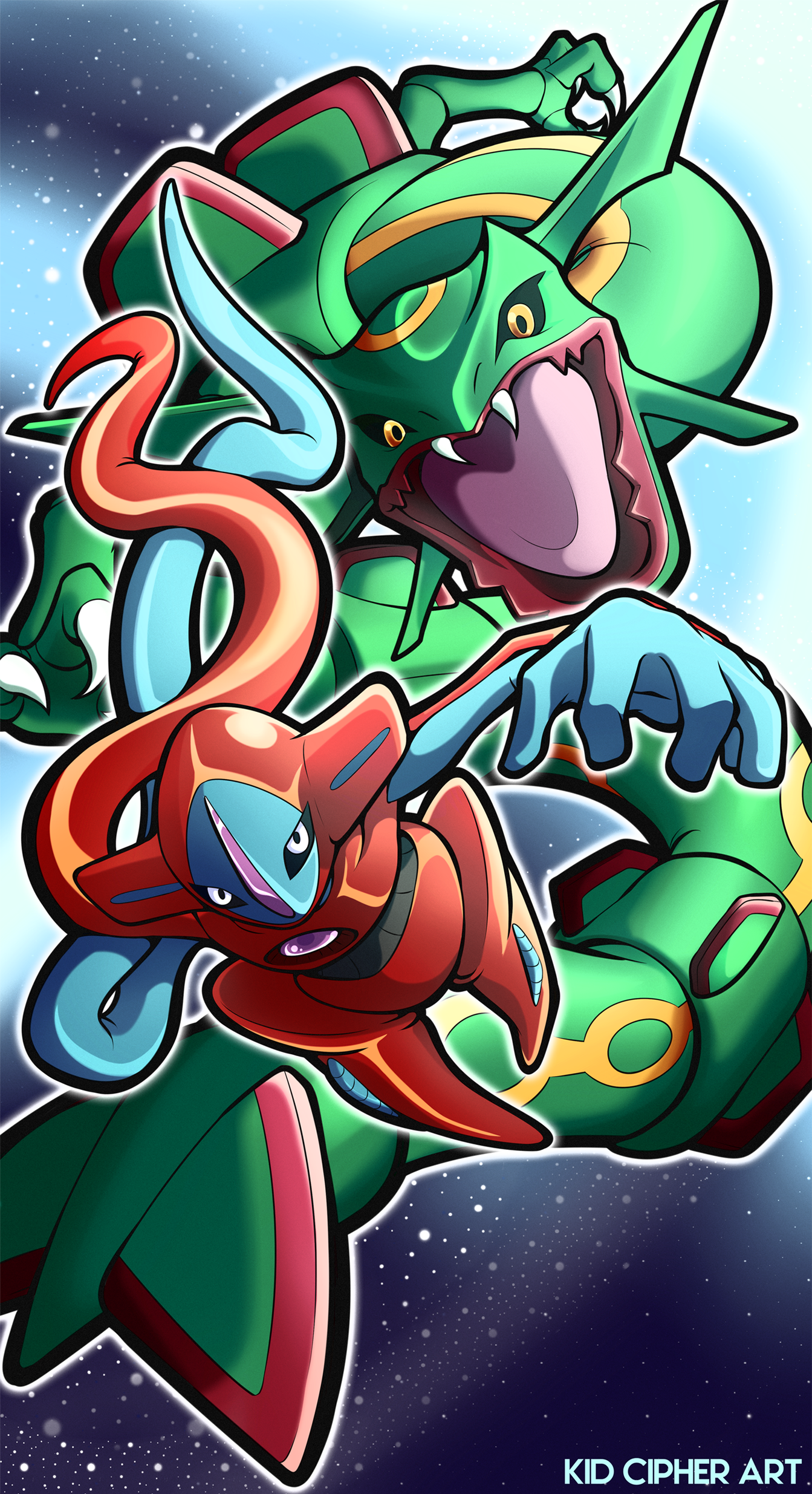 コミッション用に描いた、TCGのデオキシスとレックウザの描き直しだよ