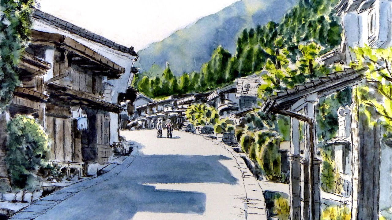 坂やカーブはのんびり気長に描こう ／ 中山道・妻籠宿 【透明水彩風景