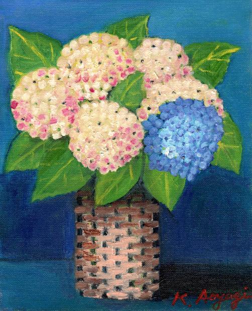 油絵の絵画で青柳キミ子が描いた花の絵の油絵「紫陽花」を通販で販売
