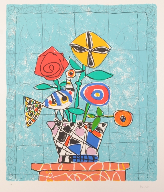 ポール・アイズピリがリトグラフの版画で制作した花の絵画「空色の背景