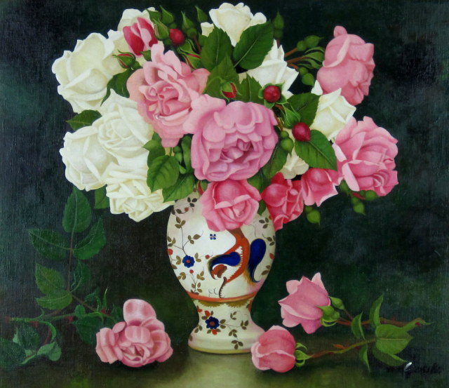 薔薇・絵画・志村好子「薔薇」（白とピンク）油彩画・ F10