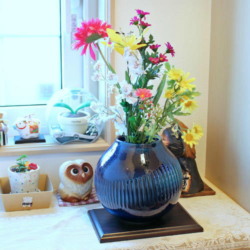 在庫数限り 信楽焼 花瓶 青ガラス 削ぎ 丸 6.5号 おしゃれ 一輪挿し