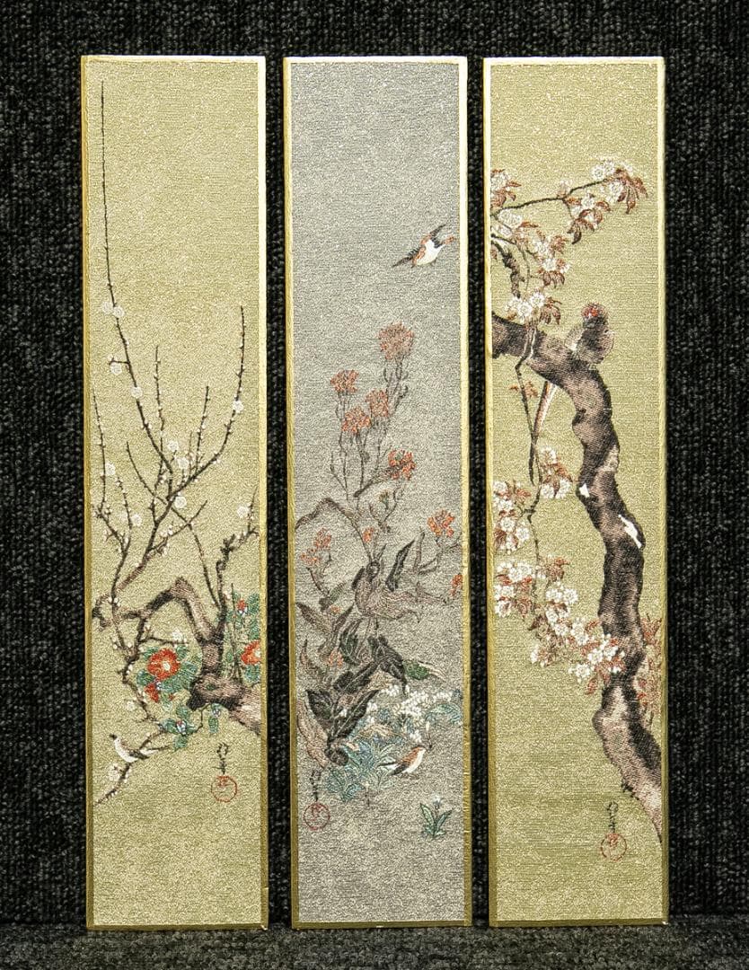 掛軸-1666　酒井抱一　花鳥十二ヶ月画帖　短冊　織物　西陣1800口織 掛軸-1666 酒井抱一 花鳥十二ヶ月画帖 短冊 織物 西陣1800口織 - メルカリ